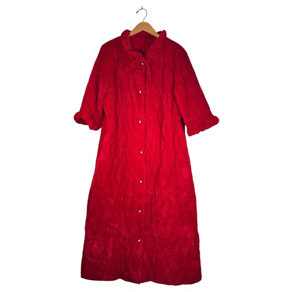 VINTAGE Womens Size 46 Chest House Coat Maxi Red Quilt Velvet Rhinestone Buttons - Picture 2 of 14
